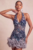 Vestido curto de regresso a casa, vestido curto de regresso a casa com decote azul-azul, decote halter, lantejoulas