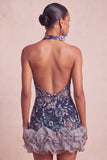 Vestido curto de regresso a casa, vestido curto de regresso a casa com decote azul-azul, decote halter, lantejoulas