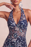 Vestido curto de regresso a casa, vestido curto de regresso a casa com decote azul-azul, decote halter, lantejoulas