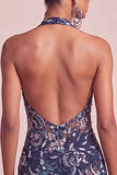 Vestido curto de regresso a casa, vestido curto de regresso a casa com decote azul-azul, decote halter, lantejoulas