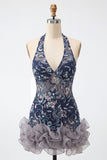 Vestido curto de regresso a casa, vestido curto de regresso a casa com decote azul-azul, decote halter, lantejoulas