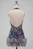 Vestido curto de regresso a casa, vestido curto de regresso a casa com decote azul-azul, decote halter, lantejoulas
