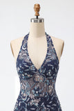 Vestido curto de regresso a casa, vestido curto de regresso a casa com decote azul-azul, decote halter, lantejoulas