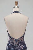 Vestido curto de regresso a casa, vestido curto de regresso a casa com decote azul-azul, decote halter, lantejoulas