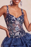 Lantejoulas azul-marinho A-Line Tiras grossas florais Vestido curto de regresso a casa