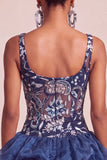 Lantejoulas azul-marinho A-Line Tiras grossas florais Vestido curto de regresso a casa