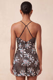 Bodycon preto com alças finas, lantejoulas, vestido curto floral de regresso a casa com fenda