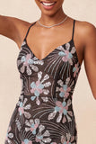Bodycon preto com alças finas, lantejoulas, vestido curto floral de regresso a casa com fenda