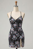 Bodycon preto com alças finas, lantejoulas, vestido curto floral de regresso a casa com fenda