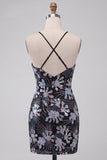 Bodycon preto com alças finas, lantejoulas, vestido curto floral de regresso a casa com fenda