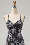 Bodycon preto com alças finas, lantejoulas, vestido curto floral de regresso a casa com fenda