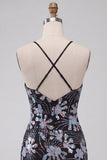 Bodycon preto com alças finas, lantejoulas, vestido curto floral de regresso a casa com fenda