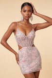 Blush Corset Bodycon Corset Recortado Tiras finas Lantejoulas Vestido Curto Curto de Regresso a Casa Floral