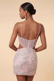 Blush Corset Bodycon Corset Recortado Tiras finas Lantejoulas Vestido Curto Curto de Regresso a Casa Floral