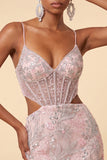 Blush Corset Bodycon Corset Recortado Tiras finas Lantejoulas Vestido Curto Curto de Regresso a Casa Floral