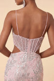 Blush Corset Bodycon Corset Recortado Tiras finas Lantejoulas Vestido Curto Curto de Regresso a Casa Floral