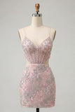 Blush Corset Bodycon Corset Recortado Tiras finas Lantejoulas Vestido Curto Curto de Regresso a Casa Floral