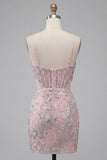 Blush Corset Bodycon Corset Recortado Tiras finas Lantejoulas Vestido Curto Curto de Regresso a Casa Floral