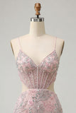 Blush Corset Bodycon Corset Recortado Tiras finas Lantejoulas Vestido Curto Curto de Regresso a Casa Floral