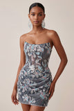 Espartilho cinzento bodycon sem alças, lantejoulas franzidas, vestido curto floral de regresso a casa