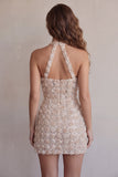 Vestido de regresso ao casal, short-con decote casco, decote largo, floral e lantejoulas