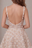 Vestido de finalistas com alças grossas florais champanhe A-Line com lantejoulas