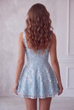 A-Line Azul Celeste Tiras grossas Curtas Florais Vestido de Finalistas com Laço