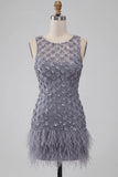 Vestido curto floral de regresso ao lar com decote redondo, lavanda poeirento, com penas