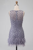 Vestido curto floral de regresso ao lar com decote redondo, lavanda poeirento, com penas