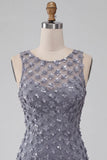 Vestido curto floral de regresso ao lar com decote redondo, lavanda poeirento, com penas