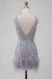 Vestido Curto de Homecoming com decote em V floral em lavanda poeirenta com penas