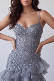 Bodycon Vestido Curto de Regresso a Casa Curto com Folhos Florais de Lavanda Poeirenta