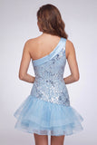 Vestido Curto de Finalistas Azul Azul Céu com Lantejoulas Florais e Folhos