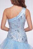 Vestido Curto de Finalistas Azul Azul Céu com Lantejoulas Florais e Folhos