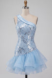 Vestido Curto de Finalistas Azul Azul Céu com Lantejoulas Florais e Folhos