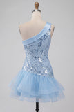 Vestido Curto de Finalistas Azul Azul Céu com Lantejoulas Florais e Folhos