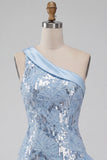 Vestido Curto de Finalistas Azul Azul Céu com Lantejoulas Florais e Folhos