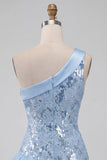 Vestido Curto de Finalistas Azul Azul Céu com Lantejoulas Florais e Folhos
