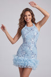 Vestido curto de regresso a casa, curto de finalistas com decote alto azul celeste, floral com folhos