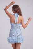 Vestido curto de regresso a casa, curto de finalistas com decote alto azul celeste, floral com folhos