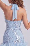 Vestido curto de regresso a casa, curto de finalistas com decote alto azul celeste, floral com folhos
