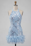 Vestido curto de regresso a casa, curto de finalistas com decote alto azul celeste, floral com folhos