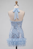 Vestido curto de regresso a casa, curto de finalistas com decote alto azul celeste, floral com folhos