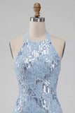 Vestido curto de regresso a casa, curto de finalistas com decote alto azul celeste, floral com folhos
