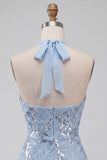 Vestido curto de regresso a casa, curto de finalistas com decote alto azul celeste, floral com folhos