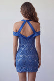 Vestido Curto de Homecoming Bodycon com gola alta azul real e lantejoulas