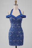 Vestido Curto de Homecoming Bodycon com gola alta azul real e lantejoulas