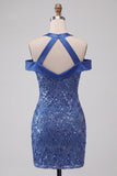 Vestido Curto de Homecoming Bodycon com gola alta azul real e lantejoulas