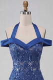 Vestido Curto de Homecoming Bodycon com gola alta azul real e lantejoulas