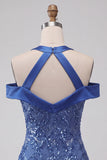 Vestido Curto de Homecoming Bodycon com gola alta azul real e lantejoulas